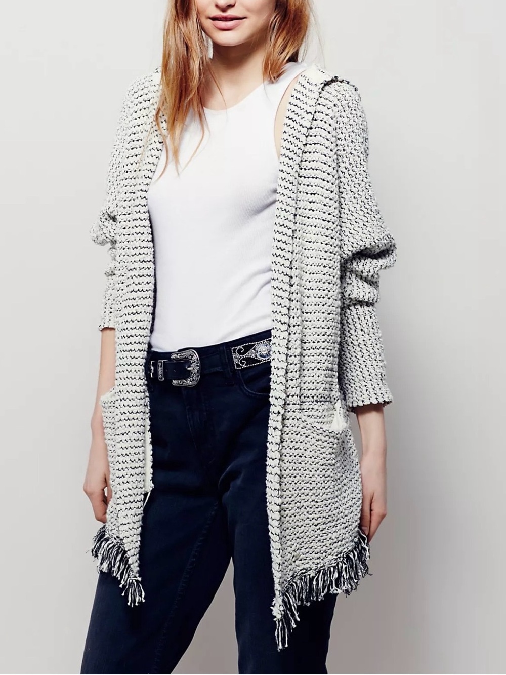 Free People Love Me Tender Fringe Hooded Knit Cardigan Textured